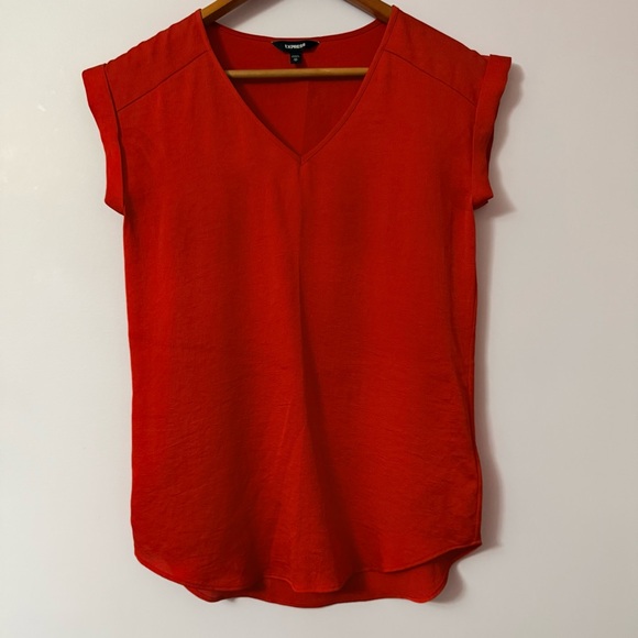 Express Tops - Express Bright Red V-Neck Cap Sleeve Tee